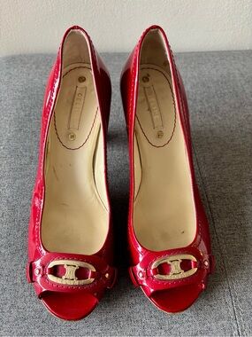Celine Red Patent Leather Peep-Toe Heels with Gold Accent